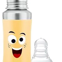 Speedex Stainless Steel Baby Feeding Bottle with Internal ML Marking, Smiley Printed Silicon Grip (240 ml, Yellow Color, Silver Metal Mirror Finish) (1 Extra Nipple Free)-picture-13