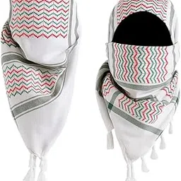 Traditional Middle Eastern Keffiyeh Shemagh Scarf, White with Red Green Chevron Pattern, Cotton, Desert Head Wrap, Tactical Neck Cover-picture-43
