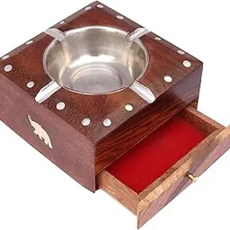Izna Crafts Wooden Ashtray with Drawer, Handcrafted Rosewood with Stainless Steel Bowl, Polka Dot Design-picture-30