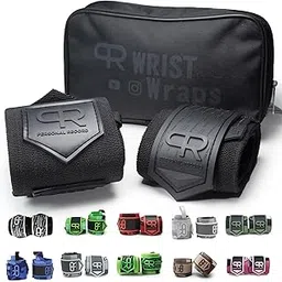 PR Personal Record Heavy Duty Premium Wrist Wraps, More Elasticity, Reinforced Stitching, Extra Wide Strap, Strong Thumb Loop, Larry Wheels Weightlifting Wraps, Lifting Wrist Wraps - All Black-image-0