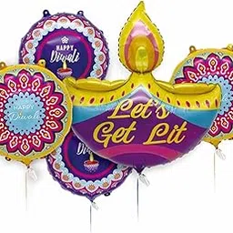 AMFIN Happy Diwali Diya Shape 'Let's get lit' Foil Balloon, Multi - Pack of 5-picture-33