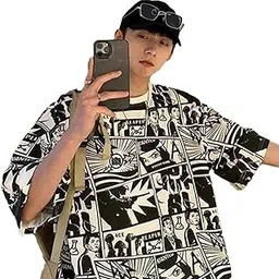 thalasi Comic All Over Printed Green Anime Oversized T Shirts for Men - Drop Shoulder Loose Fit Cotton T-Shirt - Trending Naruto Itachi Oversized Tshirt & Eren Yeager Oversize T Shirt image 1