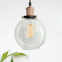 Homesake Pendant Light with Globe Glass Shade, Metal Base Cap and Adjustable Textile Cord, Industrial Style Retro Hanging Soft Light Lamps for Dining Room, Living Room, Rose Gold-picture-16