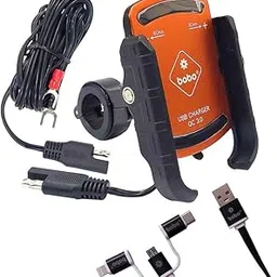 BOBO BM1 PRO Jaw-Grip Waterproof Bike/Motorcycle/Scooter Mobile Phone Holder Mount with Fast USB 3.0 Charger, SAE Connector & Small USB Cable, Ideal for Maps and GPS Navigation (Orange) image 1