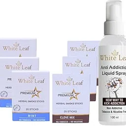 White Leaf Herbals Mint & Clove Flavour Cigarette, Tobacco and Nicotine Free Herbal Smoke Sticks Pack Of 6 (120 Sticks With 100 ML Shot)-picture-52