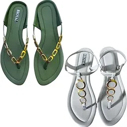 Women's Sandals Combo – Pack of 2 Stylish Flat Sandals for Women & Girls | Casual Wear | Comfortable Slip-On & Buckle Closure (Green & White)-picture-29