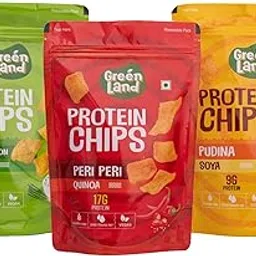 GREENLAND Protein Chips (Pack of 3, 80g Each) Healthy Snacks | Gluten Free | Rich in Protein | Zero Trans Fat | Flavor: Peri Peri Quinoa, Cream & Onion Oats, Pudina Soya-picture-14