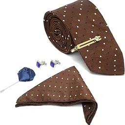 Mens Silk NeckTie Golden Tiepin Gift Combo Set With Pocket Square Cufflinks Brooch Tie Golden Tiepin (Suit Accessories) (Britain)-image-41