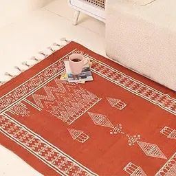 Peepul Tree Jaipuri Handprinted Cotton Rugs for Living Room |Handmade Sustainable Modern Durries for Living Room |Cotton Carpets for Living Room, Bedroom |Floor Rug for Bedroom|(Rust Brown, 3X5 ft)-image-5