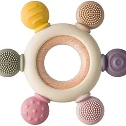 Barretden Infant Wooden Teether, Baby Teething Toys Silicone Teethers Bpa Free Silicone Rudder with Wooden Ring Soothe Babies Gums-picture-34