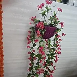 Artificial Hanging Plants with Purple Basket, Pink Silk Flowers, Decorative Chain, Indoor Outdoor Garden Decor-image-0