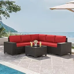 MJA FURNITURE 5 Seater All-Weather Outdoor HDPE Wicker Sectional Sofa Set with Cushions, Wide Armrests & Tempered Glass Coffee Table (Red)-picture-11