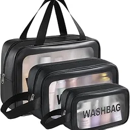 Makeup Pouch Travel Toiletry Bag for Women Travel Pouch Cosmetic Makeup Bag Transparent Pouches for Women (Black (Set of 3))-image-23
