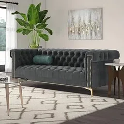 SHINE WOOD ART - Luxary Designed Velvet 3 Seater Diamond Tuffted Sofa Set with Golden Lehs for Living Room, Hallways, Offices, Bedroom (Dark Grey)-image-73