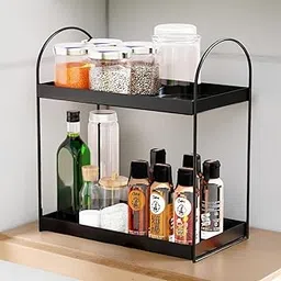 Heavy-Duty 2-Tier Metal Organizer for Kitchen, Bathroom Storage Shelf, Countertop Rack for Spices, Jars, Toiletries, and Daily Home Organization Black-image-60
