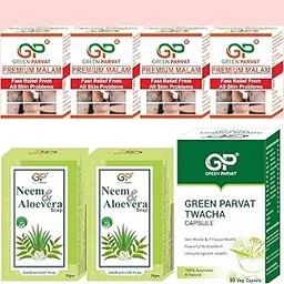 Green Parvat Skin Care Kit, Twacha Capsules 60 x 1, Premium Malam 20g x 4, Neem & Aloe Vera Soap 75g x 2, Ayurvedic Skin Care for Ringworm, Eczema, Itching, psoriyasis-picture-57
