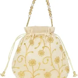 Traditional Embroidered Bag, Cream with Gold and Pink Floral Embroidery, Pearl Beaded Edge, Golden Bell Tassels, Beaded Handle, Wedding and Festival Accessory-picture-19