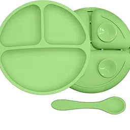 FunBlast Silicone Suction Plate with Compartments & Spoon – BPA-Free Baby Feeding Set, Strong Suction, Non-Slip Toddler Plate for Self-Feeding, Microwave & Dishwasher Safe (Green)-picture-31