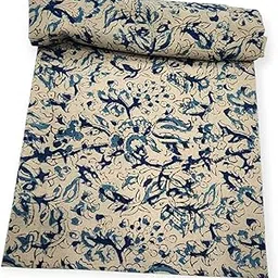 sk textiles Cotton Kalamkari Blouse Material, Handblock Printed, Blue Floral Pattern on Beige, Unstitched-picture-12