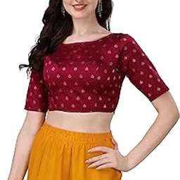 Women's Indian Ethnic Wear Designer Leaf Pattern Boat Neck Half Sleeve Brocade Maroon Blouse for Saree or Lehnga and BlousePalazzos or Skirts for a Fusion Twist.-image-4