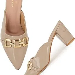 Women's Patent Leather Block Heel Mules with Gold Chain Detail, Perfect for Every Occasion Bellies Women's Fashion Pointed Pump Shoes for & Women & Girls Available in Black,Beige,Pink,White-image-50