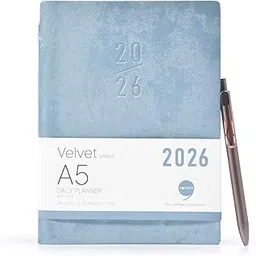 COMMA | Velvet Series Daily Planner 2026| A5 Size with Pen| Flexible Bound Notebook | 330 Pages | 80gsm Natural Shade Paper | Velvet PU Cover with Edge Colour – (Sky Blue)-picture-51