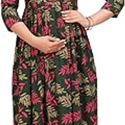 MFF Fabrics Women's Cotton Maternity Gown | Navy Blue Feeding Dress with Side Zips | 46 Inch Length | Soft & Stretchable | Baby Shower (Green, XL)-picture-34