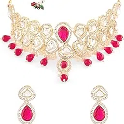 zaveri pearls Pink Beads Dazzling Austrian Diamonds Stones Choker Necklace & Earring Set For Women-ZPFK18058-picture-54