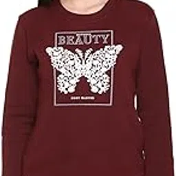 hold Women's Fleece Sweatshirt, Maroon with Graphic Print Butterfly Design, Round Neck, Long Sleeve, Regular Fit, Standard Length-picture-10
