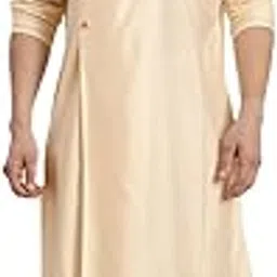 vastramay Men's Cream Viscose Blend Kurta Pyjama Set | Angrakha Design Asymmetrical Pleated Viscose Kurta. We have ornamented the kurta by adding wooden Buttons. Comes with solid Pyjama.-picture-10