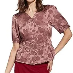 Women Pink V-Neck Half Sleeve Printed Top Blouse-image-59