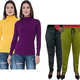 indiweaves Women Winter Wear Combo Pack- Full Sleeves High Neck/Skivvy and Fleece Warm Lower/Track Pants Pack of 4-picture-17