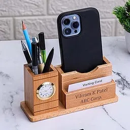 Deskart Customizable Wooden Pen Holder with Clock, Business Visiting Card and Mobile Stand with Name Engraving | Personalized Stationary Organizer for Office Desk and Study Table-picture-15