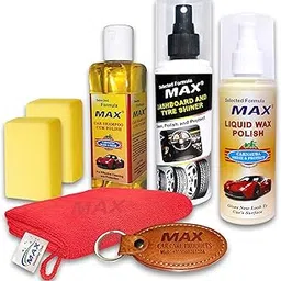 MAX Classic Car Wash & Wax Kit (Pack of 7 Pcs) - Contains 200 ML Each of Dashboard - Tyre Shiner, Liquid Wax Polish, Car Shampoo, 1 Pc Microfiber Cloth for Car Cleaning, Washing and Polishing-image-0