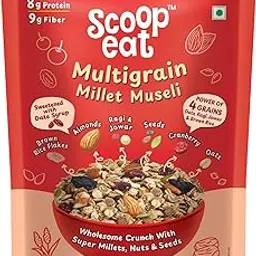 Scoopeat Multigrain Muesli- 250g Pack | High Fiber Breakfast Cereal, Wholesome crunch with Super Millets- Rolled Oats, Brown Rice Flakes, Millets Flakes (Finger Millets (Ragi), Sorghum (Jowar),Nut & Seeds,Cranberry, Black Raisins| No Preservatives, No Refined Sugar, No Artificial Color & Flavor-picture-23