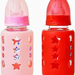 The Little Lookers High Borosilicate Glass Feeding Bottle for Baby/Feeder for Newborn | Super Soft Flow Control & Anti Colic Nipple for Infants/Toddlers - Pink & Red (120ml)-image-42