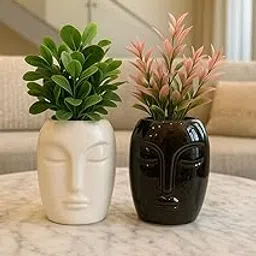 Manifested Decor Face Planter Set, Ceramic Flower Pots for Indoor Plants, White and Black, Set of 2-image-0