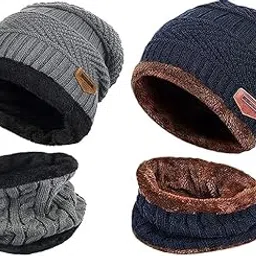 Buy for Happiness Woolen Beanie/Skull Cap & Neck Warmer (Muffler) Combo for Winters with Inside Fur | Warm Hat | Hedging Hat Scarf Set |Air Proof Cap | Ear Warmer 2 Cap & 2 Neck Warmer-picture-24