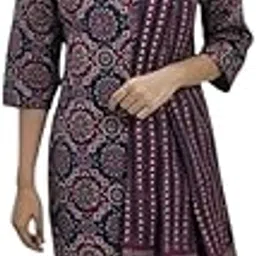 Women's Printed Cotton Kurta Set with Pants, 3/4 Sleeve, Navy Blue and Pink Mandala Pattern-picture-51