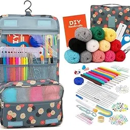 KRENZ 130 Pcs Premium Crochet Knitting Kit for Beginners Crochet Kit Set with Yarn, Hooks, Needles & Tools in Carry Bag Floral Hanging Storage Bag DIY Knitting Craft Starter Set for Adults & Kids-picture-22