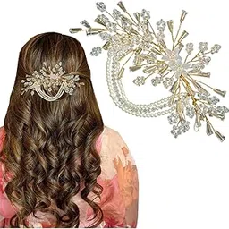 flysales Silver Pearl Hair Styling Brooch Juda Comb Claw Hair Pins for Women and Girls Fancy Hair Clips Brooch Artificial Flowers Pearl Rhinestone Crystal Artificial diamond Hair Brooch-picture-11