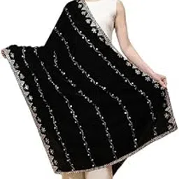 moda chales Black Embroidered Velvet Dupatta Striped Pattern Mirror Work - Use as Velvet Shawl or Dupatta, All Season Velvet-picture-12