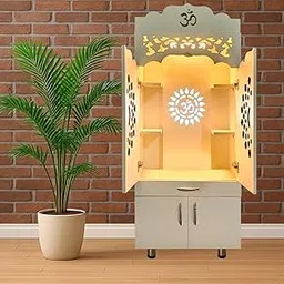 Alpine Willow Wooden Temple for Home | 145x60x35 cm | Pre-Assembled Modern Pooja Mandir with LED Light, Storage Cabinet & OM Design | Engineered Wood Pooja Stand for Living Room & Offices | Devghar-image-0