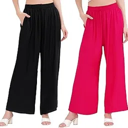 Palazzo Pants for Women Cotton Rayon Elasticated Flared Wide Leg Regular Fit M to 6XL Pack of 2-image-34