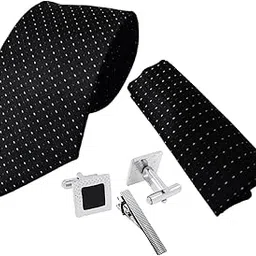 Italian Silk Tie Pocket Square Set with Square Brass Cufflinks & Silver-Black Enamel Checkered Tie Pin | Premium Combo in Leather Box for Men – Formal Gift Set TP-18-image-82