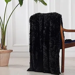 Plush Faux Fur Throw Fabric, Soft Shaggy Black, Decorative Cozy Fabric for Sofa and Chair Photo Shoot (Black)-picture-15