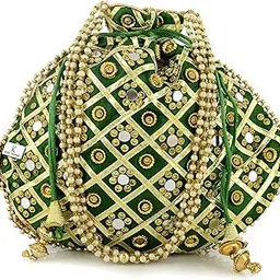 Kuber Industries 3-Layer Silk Traditional Mirror Work Clutch Potli Batwa Pouch Bag for Women/Girls (Green)-KUBMART11519, standard-picture-28