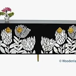 Luxury Wooden Sideboard with Mother of Pearl Inlay | Black Floral Cabinet with Gold Legs | TV Console Stand for Living Room | Modern Storage Unit | Handcrafted Furniture-picture-40