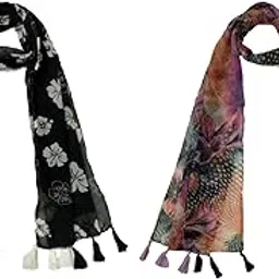 stolevilla ™ Women's Printed Poly Cotton Multicolored Scarf and Stoles with Pearl Tassels Set Of 2 (ST439)-picture-21