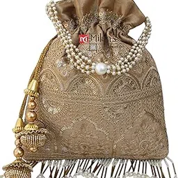 milan's creation Fancy Potli Bag Golden Embroidery Designer Purse Drawstring Women's handbag with Pearl Handle & Tassel Weddings-picture-13